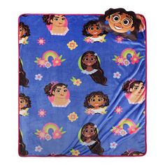 a blue blanket with cartoon characters on it