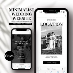 two cell phones are shown next to each other, one is displaying the wedding website