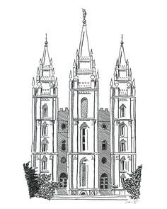 a drawing of an old church with steeples