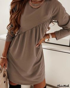 OliviaMark - Elegant Long Sleeve Dress in a Chic Solid Color, with a Unique Design Trendy Tunic, Neck Bodycon Dress, Autumn Dress, Round Neck Dresses, Womens Black Dress, Mini Shift Dress, Long Sleeve Mini, Festival Outfit, Long Sleeve Mini Dress