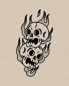 two skulls with flames on their heads are shown in this tattoo style design, which is drawn