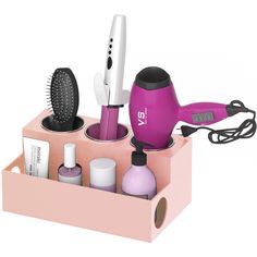 The Fallon Hair Tool and Accessory Organization Station features 3 openings for storing your hair tools: hair dryers, curling irons, flat irons, and straighteners. The lower tier features a large storage bin to hold all your hair products, brushes, lotions, and other accessories. The lower tier is also pre-cut with side openings allowing you to insert your own power surge strip to make an easy-to-access power station right where you need it. The top storage bins include stainless steel cups whic Hair Tool Storage, Large Storage Bins, Organization Station, Flat Irons, Hair Tool, Curling Irons, Makeup Bag Organization, Hair Dryers, Stainless Steel Cups