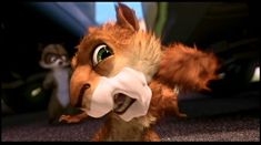 an animated squirrel with bandages on its face and two other animals in the back ground