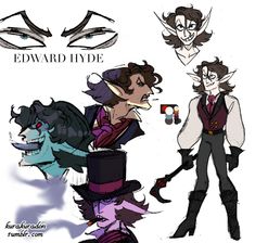 some character designs for edward hyde and the other characters are drawn in pencil on paper