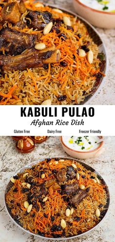 two plates filled with different types of food on top of each other and the words kabuli pulao above them