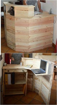 two pictures of a desk made out of pallet wood with a laptop on it