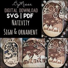 the wooden nativity sign and ornament is shown in three different styles, including one