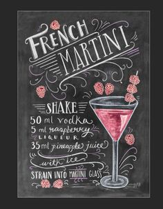 a chalkboard sign with the words french martini written on it and a glass filled with raspberries