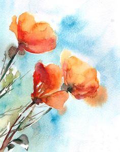 watercolor painting of three orange flowers on a blue and green background with the sky in the background