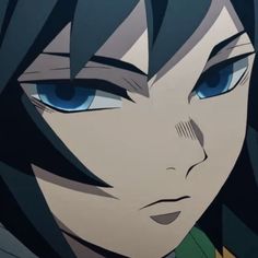 an anime character with long black hair and blue eyes looks at the camera while staring into the distance