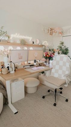 a desk with two computer monitors and a chair in front of it on top of a carpeted floor