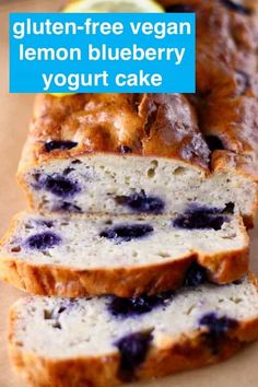 sliced blueberry yogurt cake on a cutting board with the text gluten - free vegan lemon blueberry yogurt cake