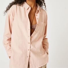 Nwt. Pocket Shirt. Light Peach Color Pink Relaxed Fit Feminine Shirt, Pink Collared Shirt For Day Out, Everyday Pink Button-up Shirt, Feminine Long Sleeve Tops For Everyday, Pink Relaxed Fit Shirt With Pockets, Spring Pink Tops With Button Closure, Everyday Feminine Pink Tops, Feminine Everyday Pink Tops, Feminine Pink Everyday Tops