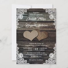 rustic country wedding card with two hearts