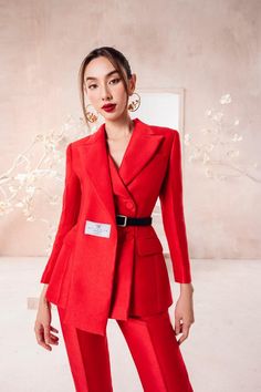 Scarlet Front Scarf Blazer | MEAN BLVD Italian Chic, Mean Blvd, Folding Clothes, Peak Lapel, Long Trousers, Linen Material, Straight Trousers, Linen Trousers, Long Scarf