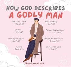 a man sitting on top of a chair with the words how god describes a godly man