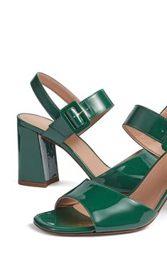 Glossy patent leather creates visual intrigue on a slingback sandal balanced by a squared-off toe and wrapped block heel. Adjustable strap with buckle closure Leather upper, lining and sole Made in Italy Green Slingback Pumps With Sculpted Heel For Summer, Green Block Heel Slingback Pumps For Summer, Patent Leather Slingback Sandals With Buckle Closure, Chic Green Slingback Sandals With Heel Strap, Open Toe Patent Leather Slingback Sandals With Buckle Closure, Modern Green Sandals With Ankle Strap, Patent Leather Open Toe Slingback Sandals With Buckle, Green Modern Ankle Strap Sandals, Modern Green Ankle Strap Sandals