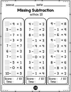 missing subtraction worksheet with numbers to 10 and one hundred times on it