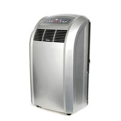 a silver portable air conditioner on a white background