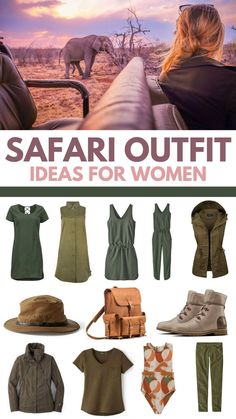 safari outfit ideas for women from the front and back, with an image of elephants in the background