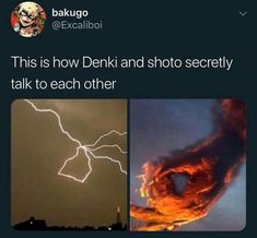 two pictures with lightning and the caption that reads, this is how deniki and shot secretary talk to each other