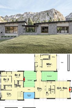 two story house plans with open floor plan and mountain view in the back ground level