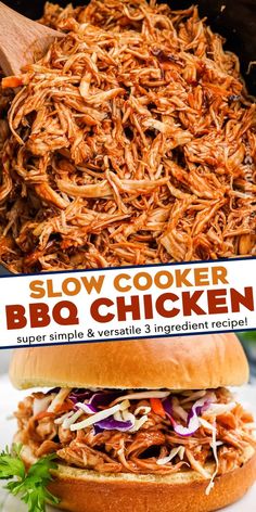 the slow cooker bbq chicken sandwich is ready to be eaten