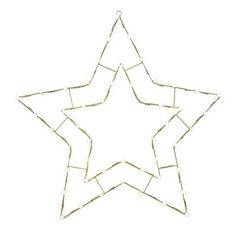 a gold star with white lights hanging from it's side on a white background