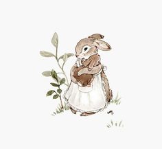 a watercolor painting of a rabbit in a dress holding a plant with leaves on it