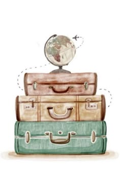 three suitcases stacked on top of each other with a small globe in the middle