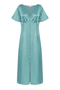 This feminine dress feels regal and looks the epitome of elegance. With a flared sleeve and v neck line, the A line shape is enhanced by buttons all the way down, from the waist to hem. The midi length skirt is skilfully cut with a front split to add movement and comfort to this piece. The stunning shade of blue would be the perfect way to add some opulence to a wedding party, bridesmaids and guests alike. Wedding Guess Dress, Button Down Midi Dress, Guess Dress, Frill Dress, Midi Length Skirts, Midi Dress Casual, Feminine Dress, Blue Midi Dress, Blue Satin