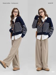 Korean Outfits Cardigan, Short Person Outfits, Casual Ootd Korean, Striped Cardigan Outfit, Cardigan Outfit Korean, Yesstyle Outfits, Business Casual Cute, Cardigan Ootd