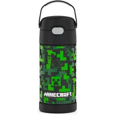 a black and green water bottle with the words minecraft printed on it