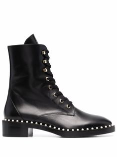 true black leather faux-pearl embellishment round toe front lace-up fastening low block heel rubber sole Combat Boots Black, Pearl Embellishment, Stuart Weitzman Shoes, Womens Gloves, Dr. Martens Boots, Boots Black, Boot Shoes Women, Stuart Weitzman, Womens Scarves