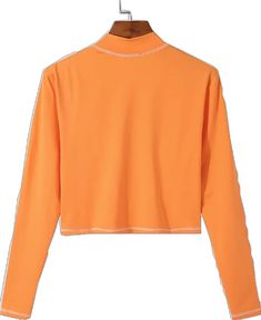 Long Sleeve Tops With Contrast Color For Spring, Summer Long Sleeve Tops With Splicing, Long Sleeve Summer Top With Splicing, Stretch Long Sleeve Tops With Splicing, Fitted Orange Solid Color Top, Fitted Long Sleeve Tops With Contrast Color, Casual Orange Tops With Contrast Color, Orange Long Sleeve Solid Color Top, Long Sleeve Contrast Color T-shirt For Summer