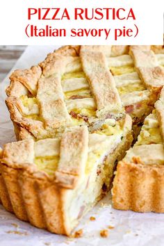 a close up of a pie on a piece of paper with the words pizza rustica italian savory pie