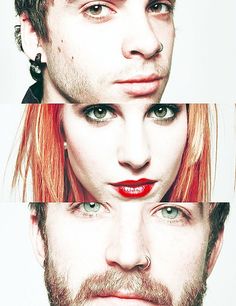 three different shots of a man with red hair and green eyes