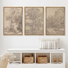 three paintings on the wall above a bench in a room with white walls and wooden flooring