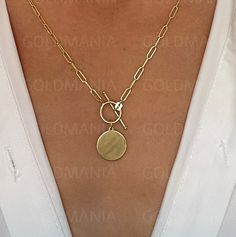 "14K Yellow Gold Paperclip Disc Necklace With Toggle Lock, 18\" Inch, Real Gold Chain, Disc Gold Chain, Engravable Disc, Women Gold Necklace 18\" - 3.3 Gram Metal: 14K Yellow Gold Chain Width: 2.5 mm Closure: Toggle Lock Hollow Gold Necklace NOT PLATED/ NOT FILLED/ NOT SILVER FREE SHIPPING IN THE USA on all orders 30 Day Return Hassle Free Weight and measurements are approximate and may not always be exactly as stated . At GoldMania we are first of all committed to environmental responsibility. Gold Necklace Price, Real Gold Chains, 14k Yellow Gold Necklace, Free Weight, Solid Gold Necklace, Gold Disc, White Gold Chains, Solid Gold Earrings, Gold Necklace Women