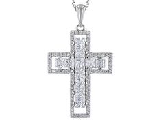 Bella Luce® white diamond simulant 3.40ctw square and round, rhodium over sterling silver cross pendant with chain. Includes 18" L x 0.03" W singapore chain that has a 2" extender and lobster claw clasp closure. Pendant measures approximately 1.06" L x 0.81". Diamond equivalent weight is 2.06ctw. Diamond Cut Cross Pendant Jewelry, Diamond White Jewelry With Single Cut Cross Pendant, Diamond White Cubic Zirconia Cross Pendant, Luxury Diamond White Cross Pendant, White Diamond-cut Pendant Cross Necklace, Sterling Silver Cross Pendant, Silver Cross Pendant, Diamond Simulant, Christian Cross