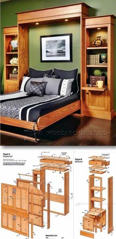 the plans for a bed with built in bookshelves