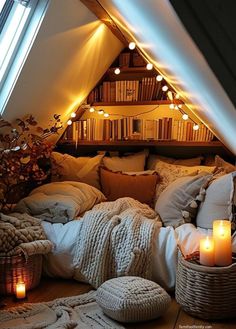 an attic bedroom with lots of pillows and blankets on the floor, lit by candles