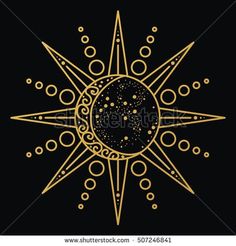 the sun with stars and circles on black background