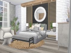 a bedroom with white brick walls and wood flooring is shown in this artist's rendering