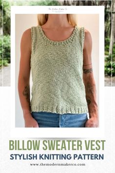 a woman wearing a knitted vest with text overlay that reads,'blow sweater vest stylish knitting pattern '