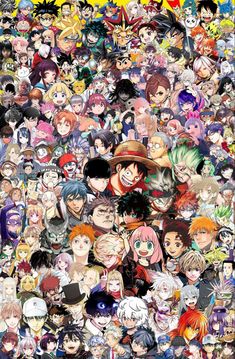 many anime characters are grouped together in this collage, with one being the main character