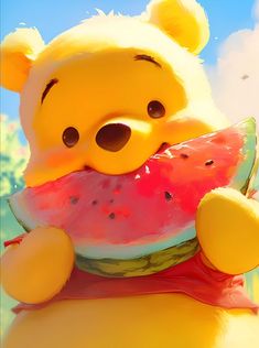 winnie the pooh holding a piece of watermelon