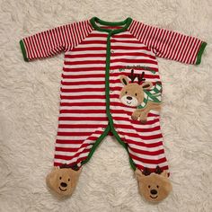 Little Me Newborn Button-Up Pajama Style: Red And White Stripes With Green Lining And Reindeer Print; Footed With Adorable Reindeer Head Materials: 100% Cotton Condition: Like New (Never Worn But Washed) Baby Christmas Pjs, Newborn Pajamas, Pajama Style, Button Up Pajamas, Reindeer Head, My First Christmas, Christmas Pjs, Christmas Travel, Kids Pajamas