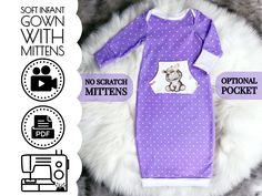 a purple and white polka dot baby gown with an image of a teddy bear on it