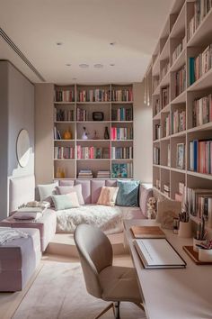 a living room filled with lots of furniture and bookshelves next to a window